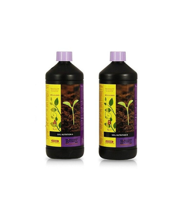 Dos botellas de producto Soil Nutrition, la parte A y la B.