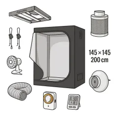 Imagen del Kit de cultivo del MAster, con su armario de 145cmx145cm x 200cm y el contenido del kit en imagen
