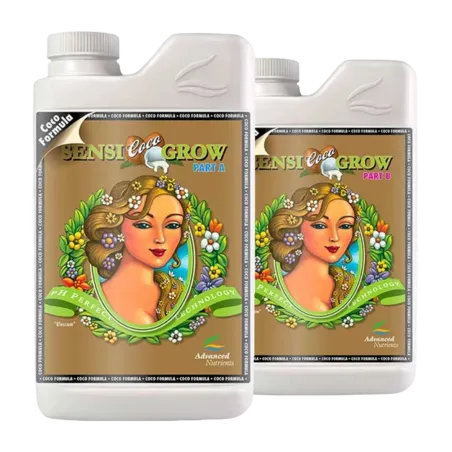 Envases de Sensi Grow Coco, la parte A y la parte B de Advanced Nutrients.