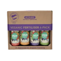 Vista de frente del pack completo Veganic Fertiliser 4 pack de Atami.
