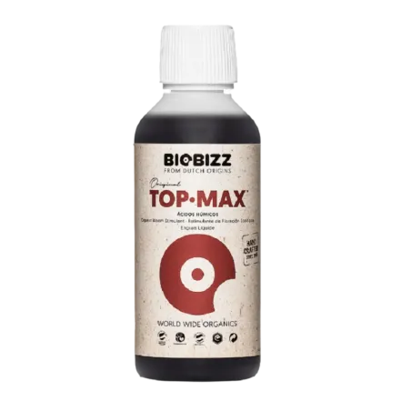 Botella de fertilizante Top Max, para el ciclo floral de las plantas de Biobizz.