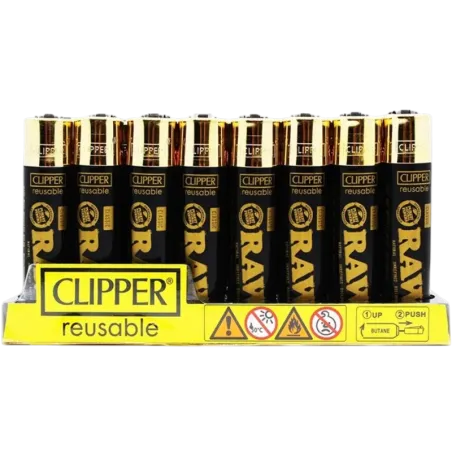 Expositor con mecheros de Clipper Raw Gold Black.